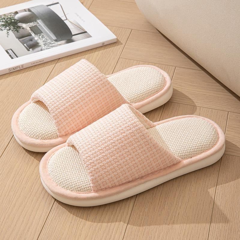 Elegant Hairy Slippers Small Perfume Style Linen Slippers Indoor Sandals Slippers Plaid Simple Fabric Cotton Slippers Female Home Shoes Slippers Pink