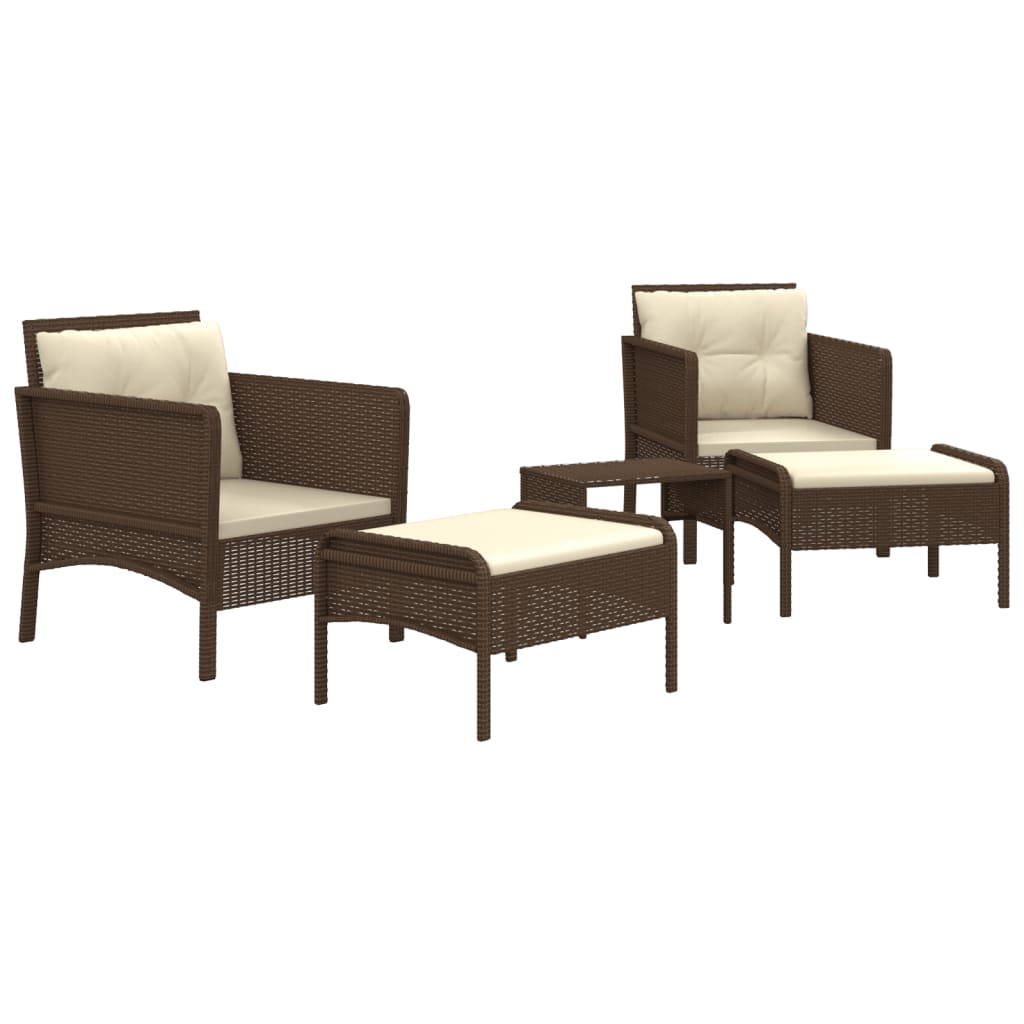 5 Piece Garden Lounge Set with Cushions Brown Poly Rattan