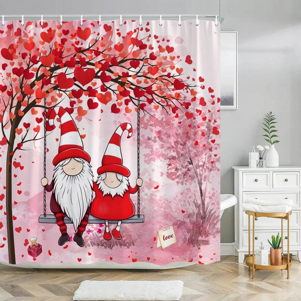 Valentine's Day Shower Curtain Love Tree with Elf Truck Romantic Pink Swing Balloon Love Polyester Printed Fabric Bathroom Decor