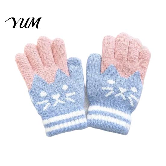 Kids Comfortable Warm Gloves for Cycling 1 Pair Winter Gloves, Cozy Thick Lined Mittens with Flexible Knitted Writing Playing Cute Cat Pattern,