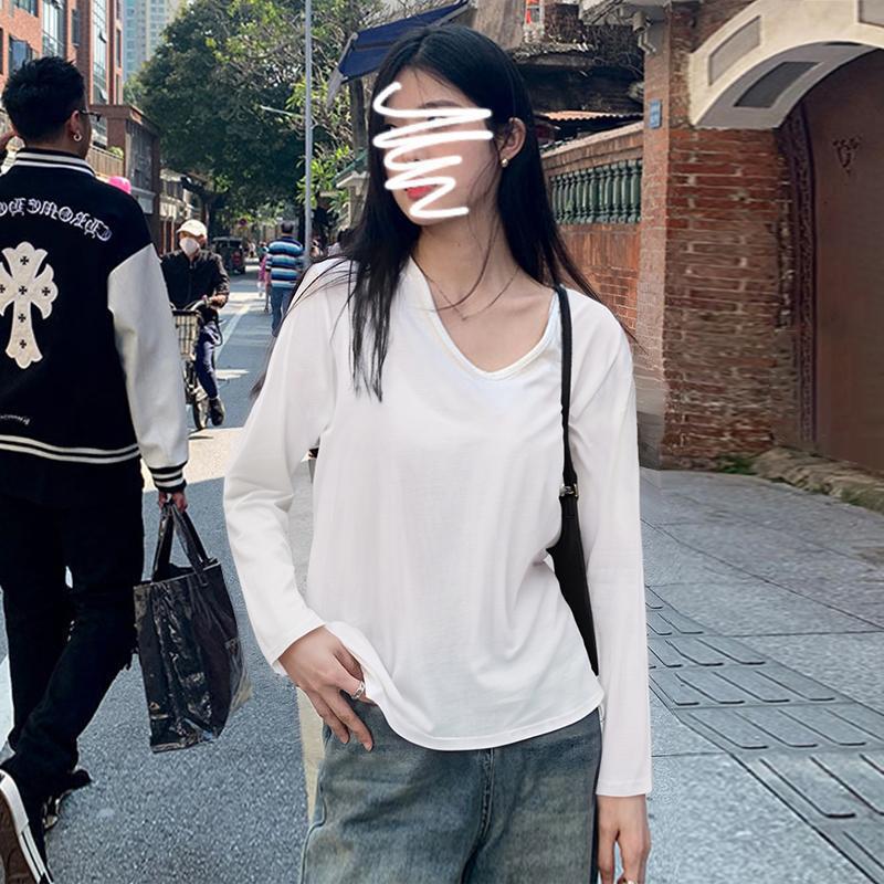 Women's White V-Neck Long-Sleeve T-Shirt, Brushed Interior, 2025 Fall/Winter, Loose, Slimming Base Layer Top.