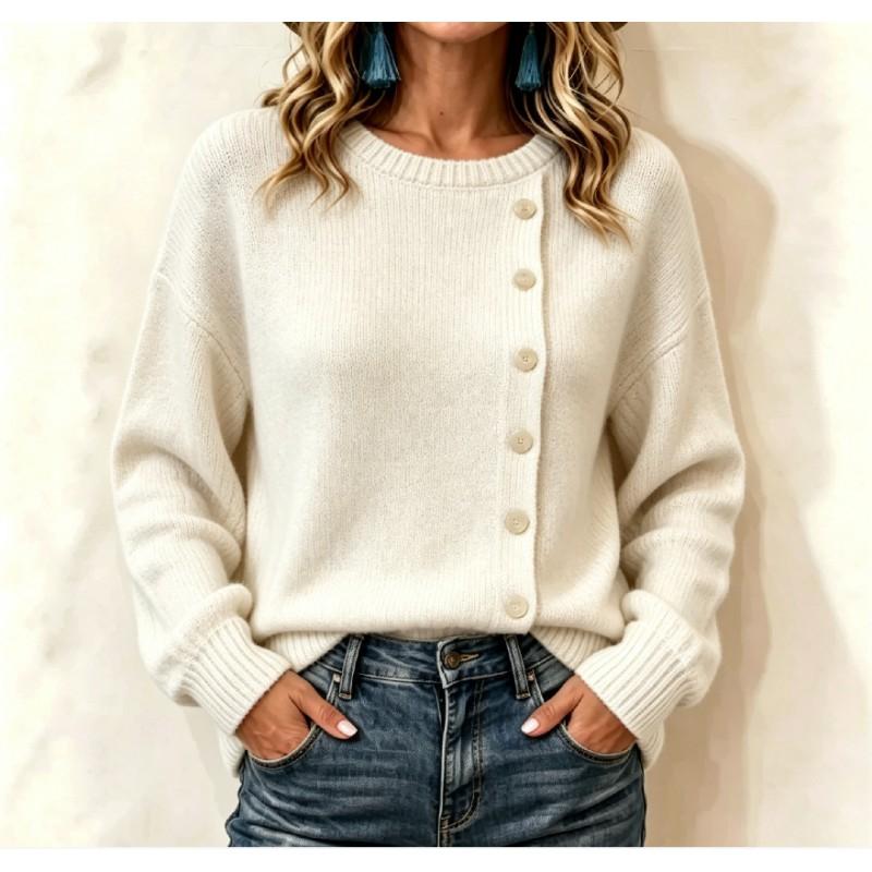 Womens Oversized Knit Sweater Loose Fit Round Neck Long Sleeve Button Front Acrylic Pullover Fall Winter 2026
