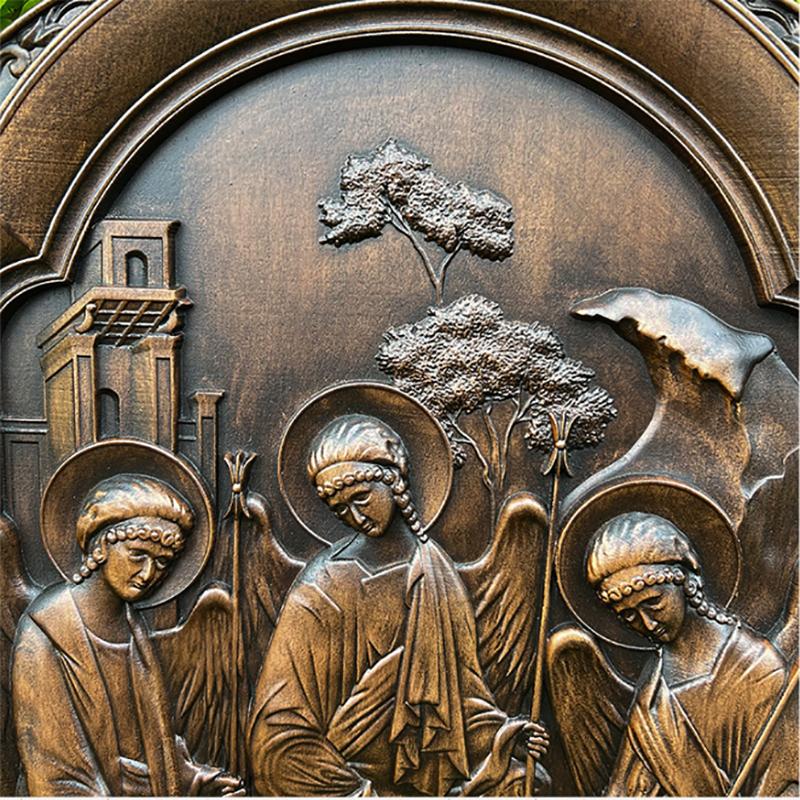 Holy Trinity Icon Wooden Wall Art - Hand Carved Father Son Holy Spirit Orthodox Decor, Catholic Christian Home Altar Hanging Pla