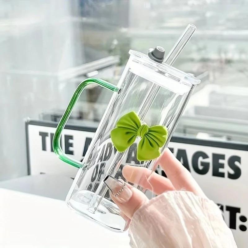 400mL Butterfly-Decorated Straw Cup Glass Tumbler with Straw & Handle - Reusable Freezer-Safe Water Cup for Coffee Juice Milk