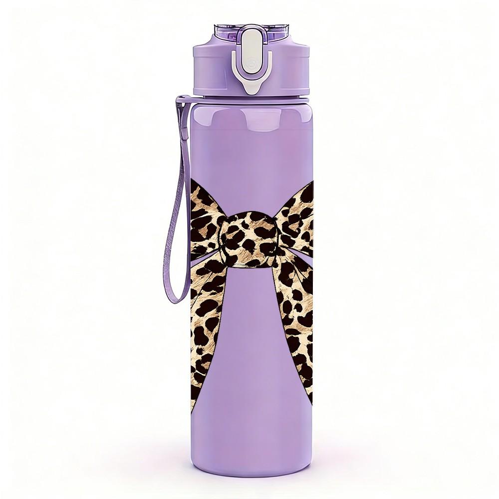 1PC Leopard Print Bow Ribbon Print 750ml Color Plastic Sports Water Bottle Leakproof Flip Straw Lid Suitable for Sports Office Home Use
