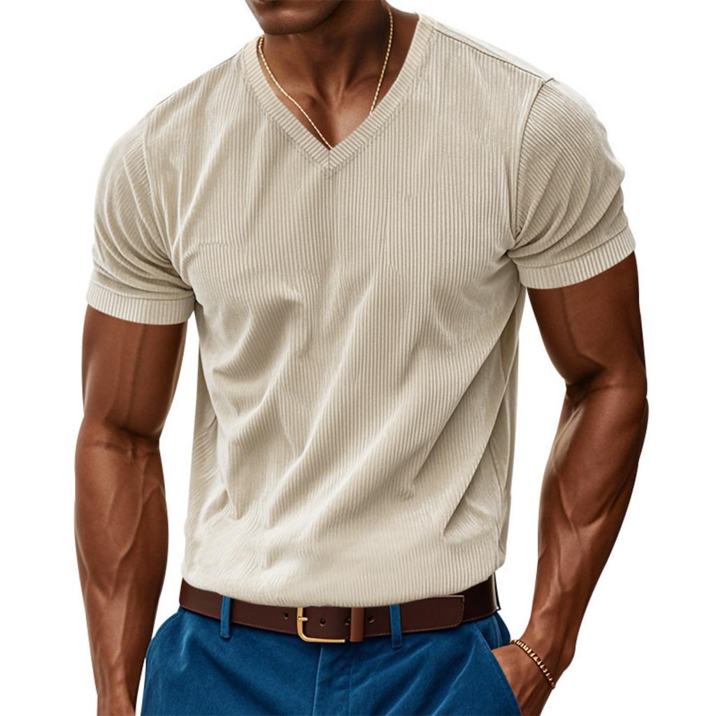 Men's American Style Loose Casual V-neck Short Sleeve Corduroy T-shirt Skin-friendly Amekaji Tee Summer