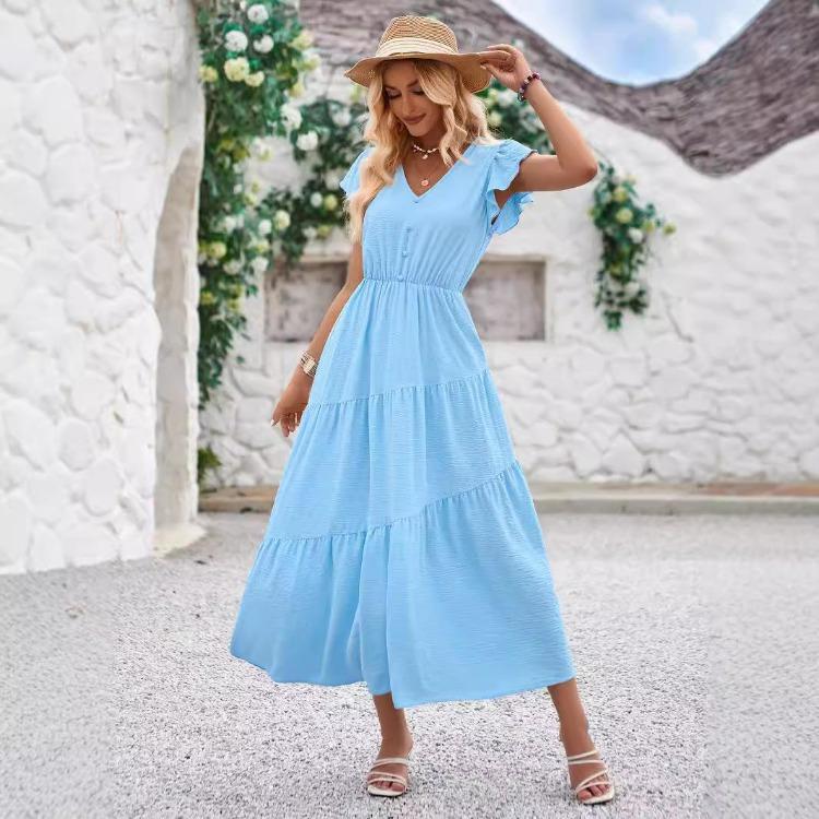 Vestido Feminino de Verão Casual Decote V Slim Cor Sólida Linha A Cintura Alta Camadas Vestidos Longos Primavera Manga Curta Folha de Lótus S-XL