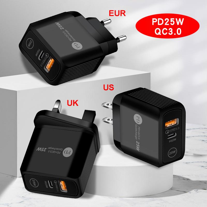 PD 25W 5V/5A 9V/2.8A 12V/2.1A תקע EU/US אור LED 2 יציאות USB מתאם מטען קיר טעינה מהירה QC 3.0 טלפון נייד
