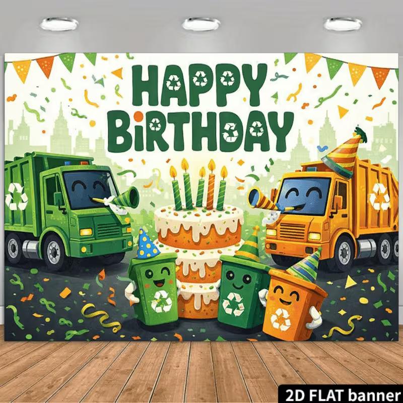 

2D Garbage Truck Birthday Backdrop Recycle Theme Kids Party Banner 47.2x31.5inch/120*80cm