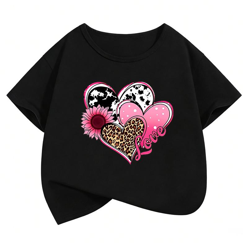 Leopard Love Heart Print TShirt Fashion T Shirt Girls Summer Casual Short Sleeve Tops TShirts Cute Girls Clothing