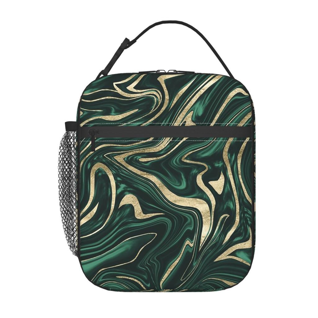 Dark Green Marble Pattern Insulated Lunch Bag for Women Office Cooler Thermal Food Box Tote Portable Lunch Boxes Container