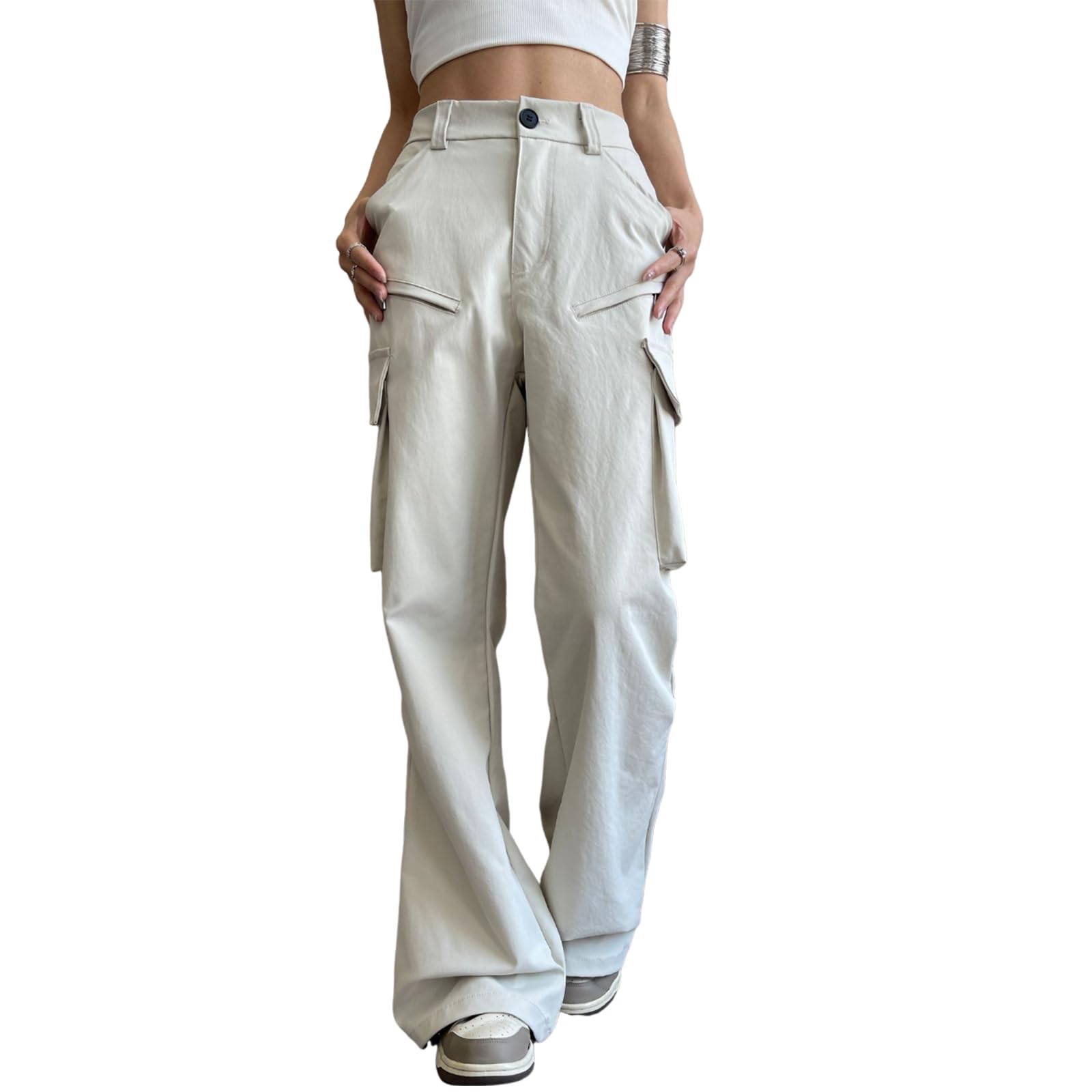 inotenka Cargo Parachute Flare Solid Jogger Sizes Women s Pants, Pants, Stylish, Casual, Breathable, High-Waisted, Color, Pants, Leg-Slimming, белый