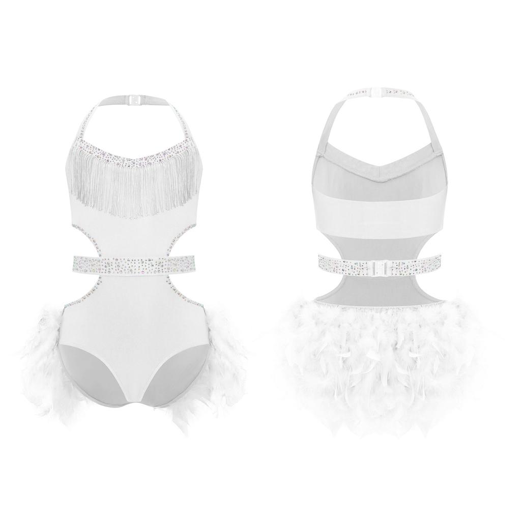 Girls Latin Dance Costume Sparkly Rhinestones Halter Leotard with Feather Skirt for Performance