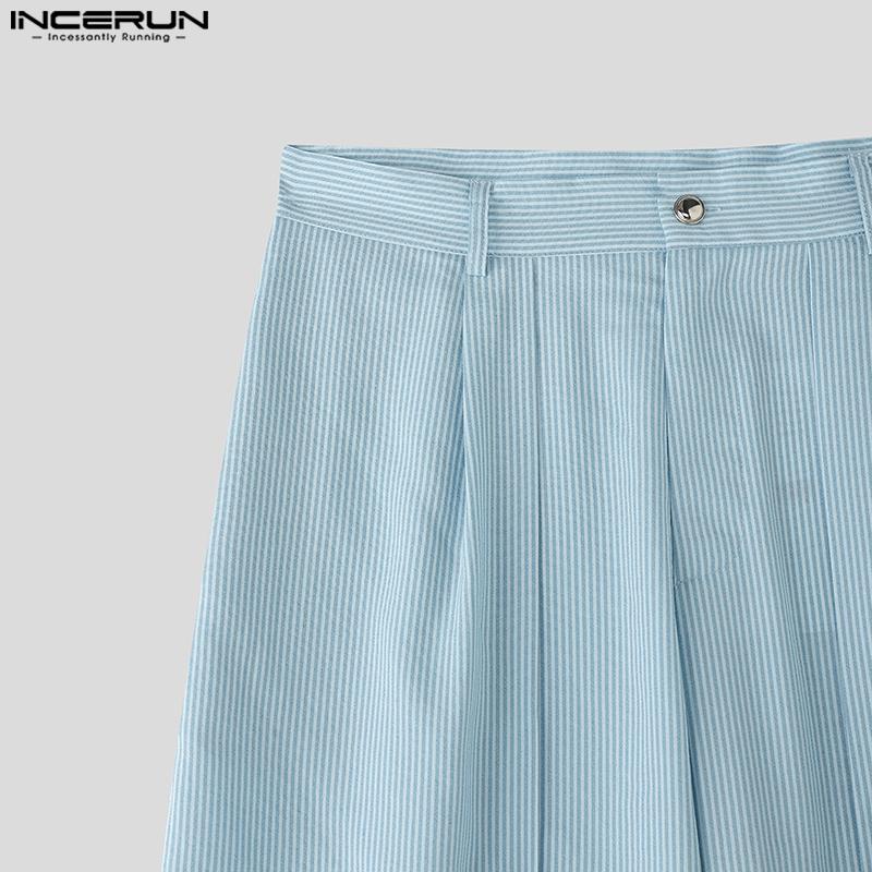 INCERUN Men Capri Casual Loose Wide Leg Buttons Striped Cropped Pants Shorts