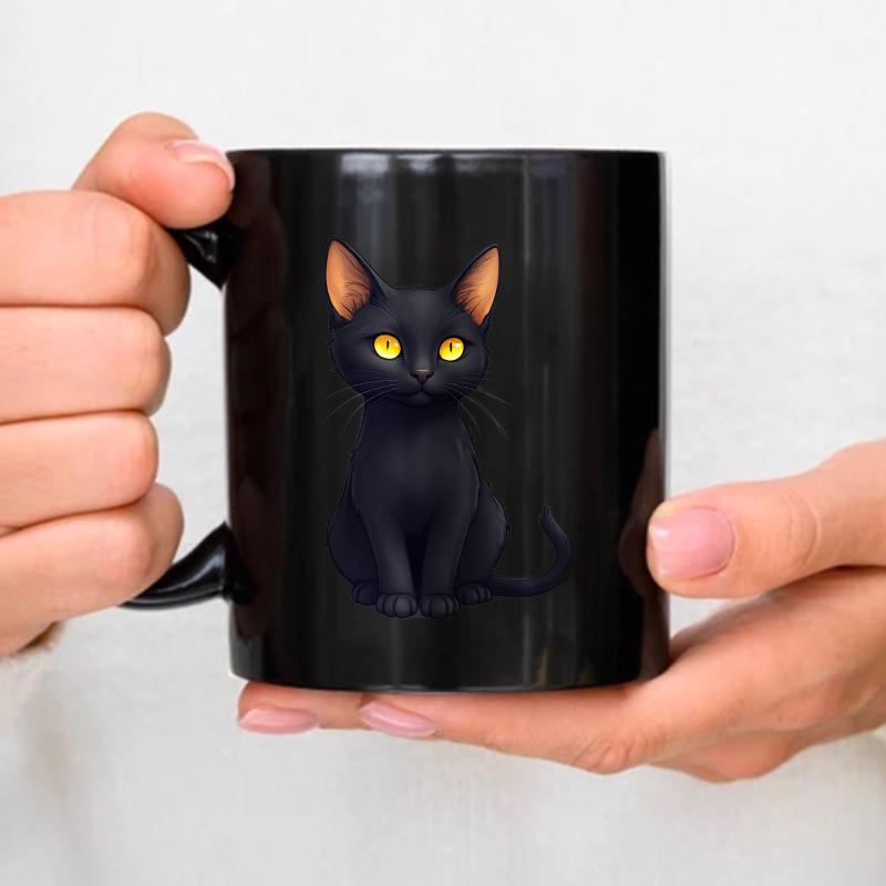 Black ceramic cup with black cat design, suitable for coffee, tea and daily use чёрный