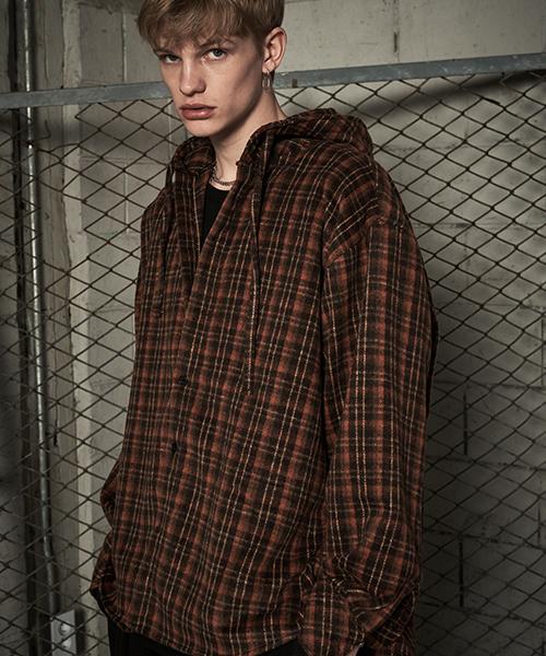 Tener Brushed Check Over Hooded Shirt Jacket Orange F