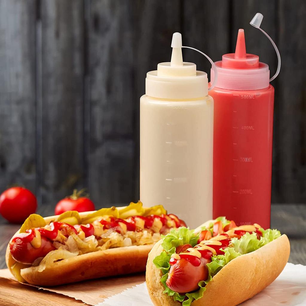 1/2/4/6 Stück Gewürz-Quetschflaschen mit Kappen, Kunststoff-Quetschspender mit Messangaben für Ketchup, BBQ, Saucen, Sirup