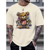 Men's 100% Cotton Summer Loose Size Cartoon Bear Pattern Printed Slim Fit Casual Sports Round Neck Short Sleeved T-shirt Top