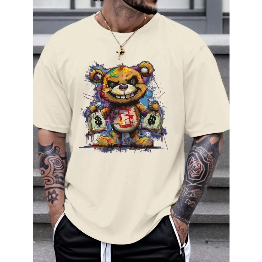 Men's 100% cotton summer loose size Cartoon Bear Pattern printed slim fit casual sports round neck short sleeved T-shirt top