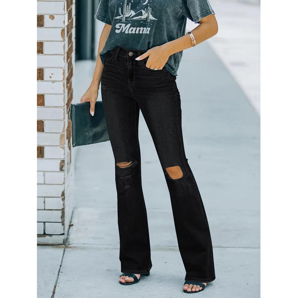 

Women High Waist Denim Jeans Retro Washed Ripped Hole Flare Pants Ladies Casual Jeans XS чёрный