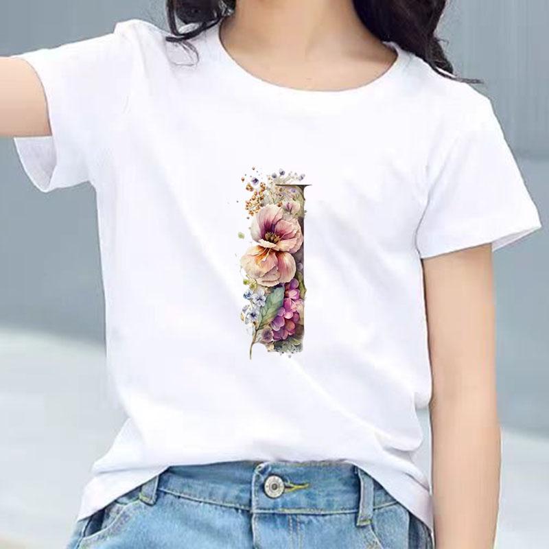 Kids Cotton T Shirt Floral Letter I Print Crew Neck Short Sleeve Tee Casual Boys Girls Summer Tops