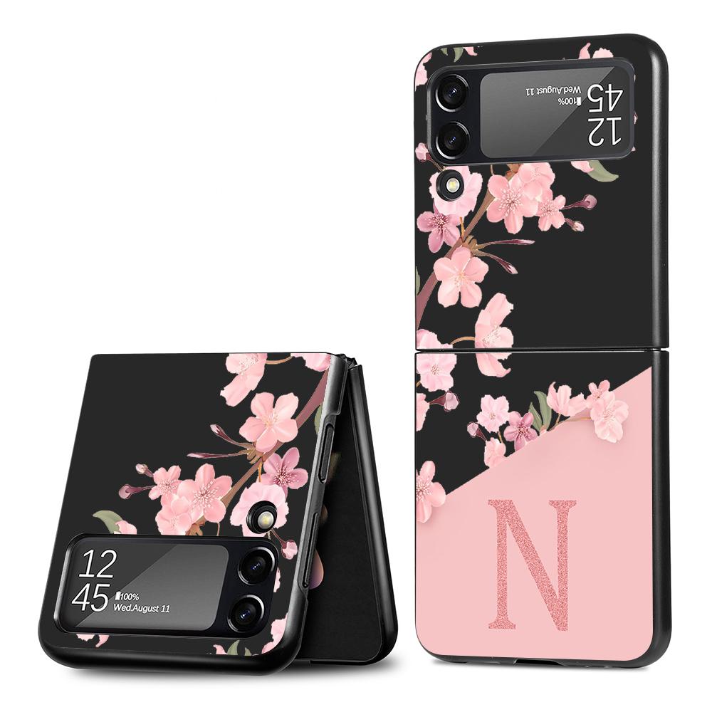 Case for Samsung Galaxy Z Flip4 Flip3 5G Black Phone Coque Z Flip 4 3 Hard PC Luxury Cover Zflip3 Cherry Blossom Pink Letter