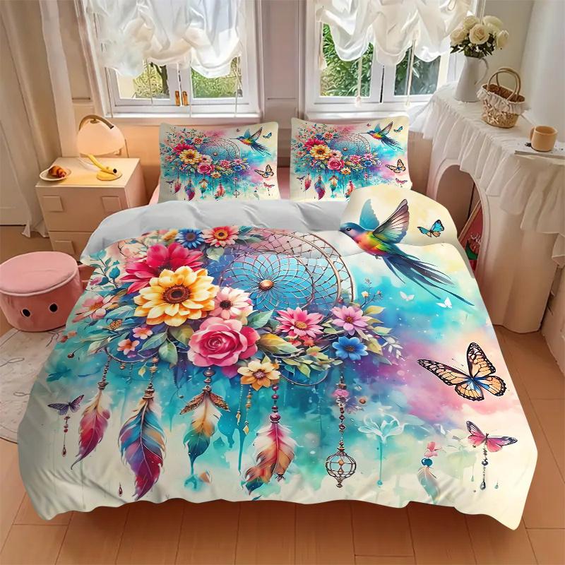 3pcs Birds Flowers Butterflies and Feathers in a Fantasy Garden Printed Quilt Set - Soft and Comfortable Quilt Cover for Bedroom, Guest Room and