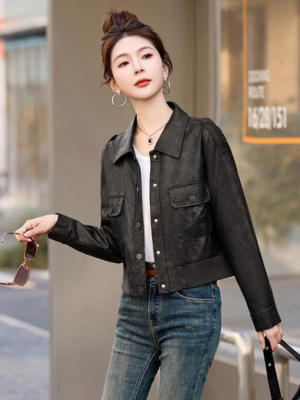 Women's Retro Genuine Leather Motorcycle Jacket, Spring/Autumn 2025 Fashion, Solid Color, Loose Fit, Short Style.
