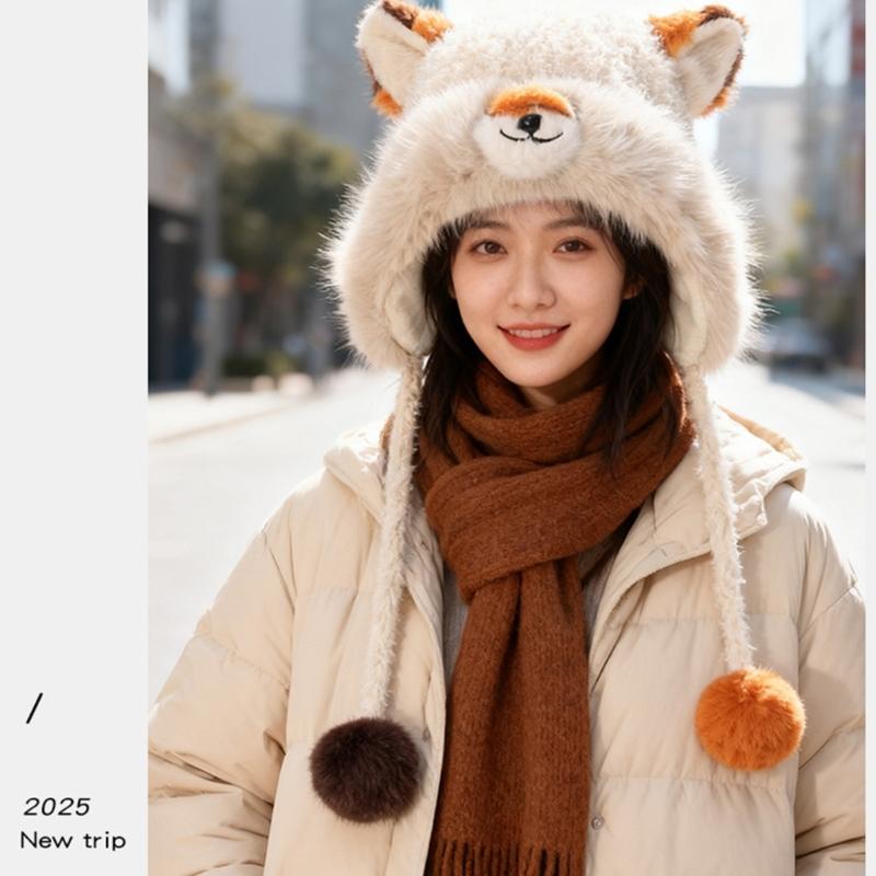 Furry Ears Plush Winter Hat for Women Girl Warm Comfortable Unisex Earflap Cap for Skiing Camping Daily Outdoor Use
