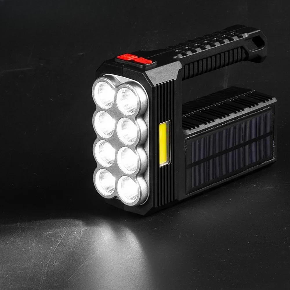 Outdoor Camping Searchlight 8LED Bulbs Solar Charging Handheld Flashlight USB Charge Portable Lamp 4 Bright Lighting Modes