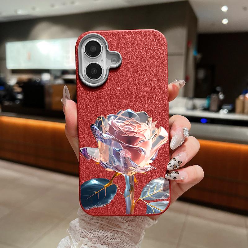 

Мягкий матовый чехол из ТПУ с цветочным принтом и кристаллами для iPhone 16 Pro Max 15 Plus 14 Pro 13 12 11, кожаная текстура, тонкий противоударный чехол-бампер iPhone 16