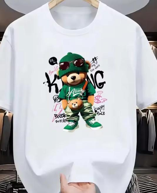New Unisexs Summer Fashionable Breathable Round Neck TShirt Large Geometric Bear Sneaker Pattern Printed Outdoor Casual Top
