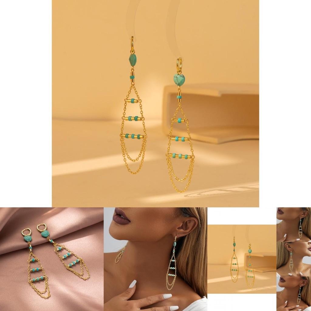 Gold Plated Natural Stone Earrings With Trendy Fringe And Chain Elements
