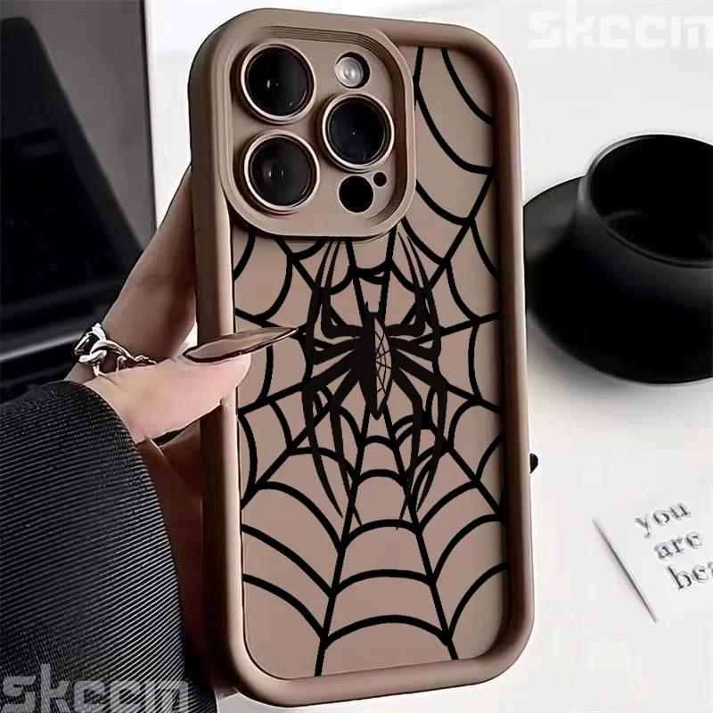Black Spider Web Soft TPU Phone Case For iPhone 16 15 14 Pro Max 13 12 11 XR X XS 7 8 16 Plus Matte Shockproof Cover