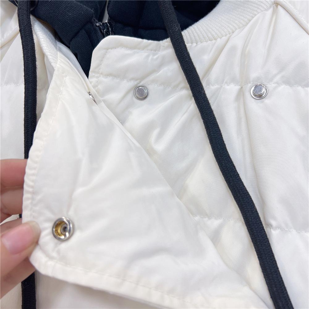 2023 Winter Women's Hooded Down Jacket with Faux Two-Piece Sweatshirt Patchwork, Trendy Mid-Length Over-the-Knee Style