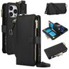 Etui Portfel Skórzany z Miejscami na Karty i Zamkiem Błyskawicznym Etui Klapka na Telefon dla IPhone 17 16 15 14 13 12 11 Pro Max Plus Promax 16e Pierścień Smycz Portmonetka