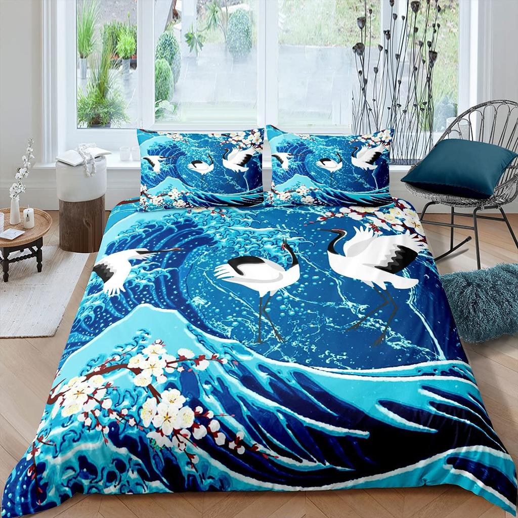Comforter Crane Queen Size Japanese-Style Bedding Set Cherry Blossoms Pattern Women Girls Japanese Traditional