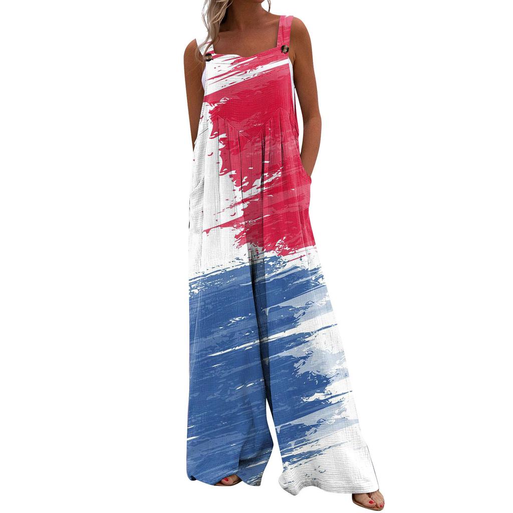 Women Casual Loose Sleeveless  Print Button Long Pant Romper Jumpsuit With Pockets