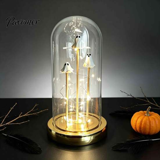 Festival Theme Decoration Halloween Indoor Light Up Ghost in Dome Cloche, Cute 3 Mini Figurine Party Supplies Night with Warm LED for Home Table