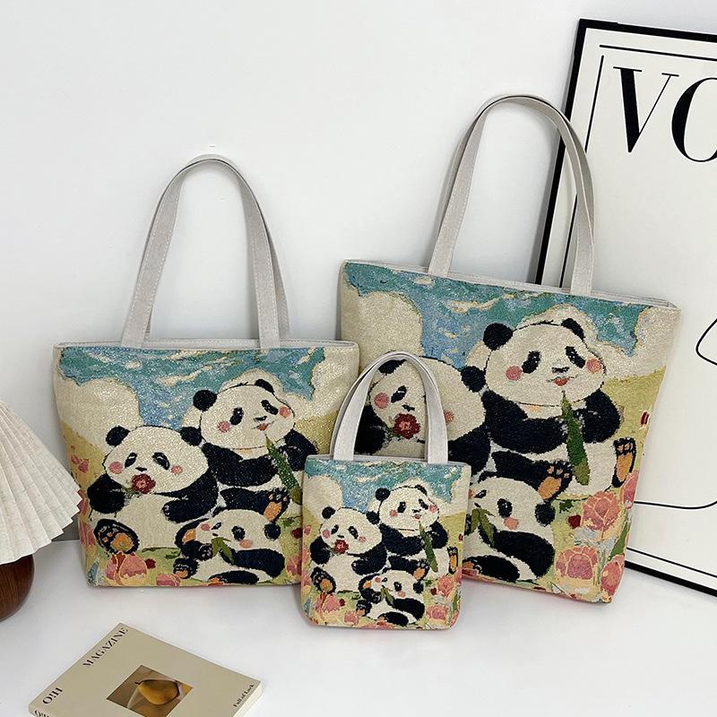 New handbag gold silk embroidered panda bag women's large-capacity shopping bag work bag