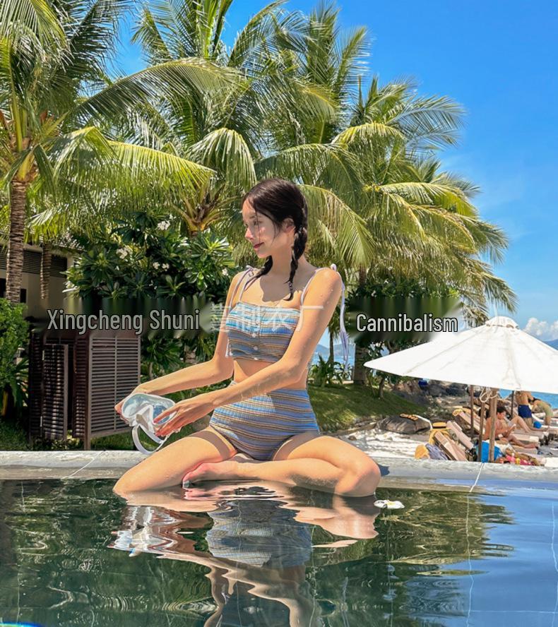 Women's High-End Striped Bikini Set with Cover-Up - Slimming Fit, Small Bust, Korean Conservative Style