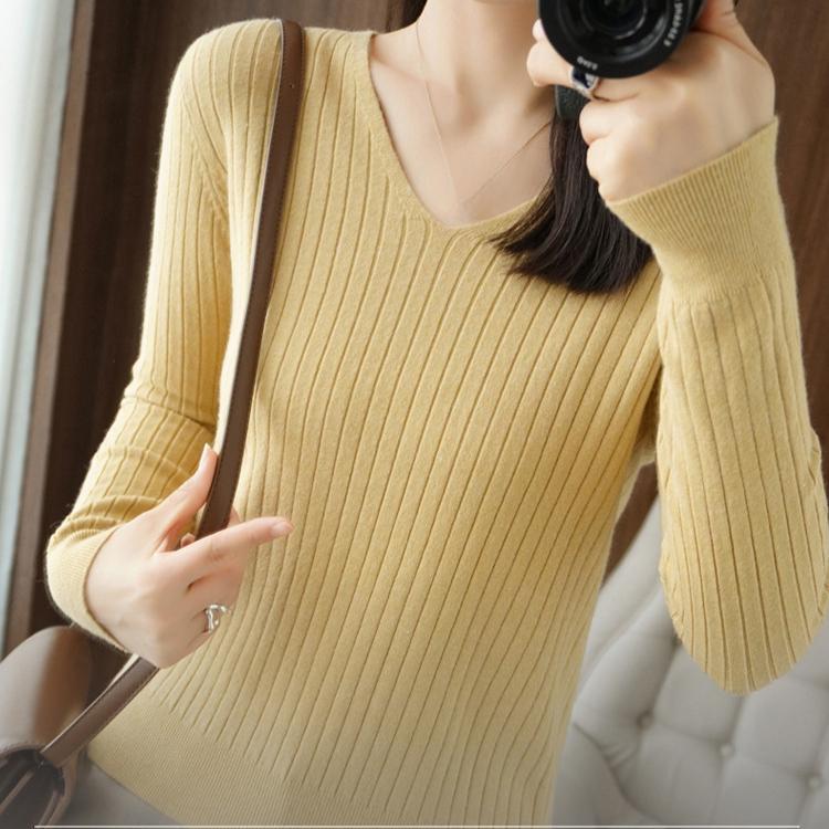 Herbst/Winter V-Ausschnitt Pullover Damen Gestreift Einfarbig Basis Pullover Koreanischer Slim Hoodie Innen Set Damen Warm Lässig Strickpullover