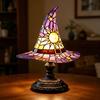 Stained Glass Style Witch Hat Lamp, USB Powered Resin Wizard Hat Night Light with Sun Star, Gothic Halloween Table Lamp for Bedroom Bookshelf Mantel