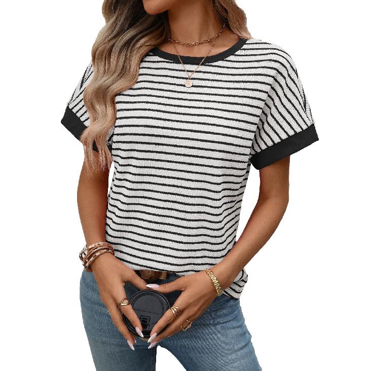 2026 Summer New Women's Casual Round Neck Patchwork Short Sleeve Striped T-Shirt