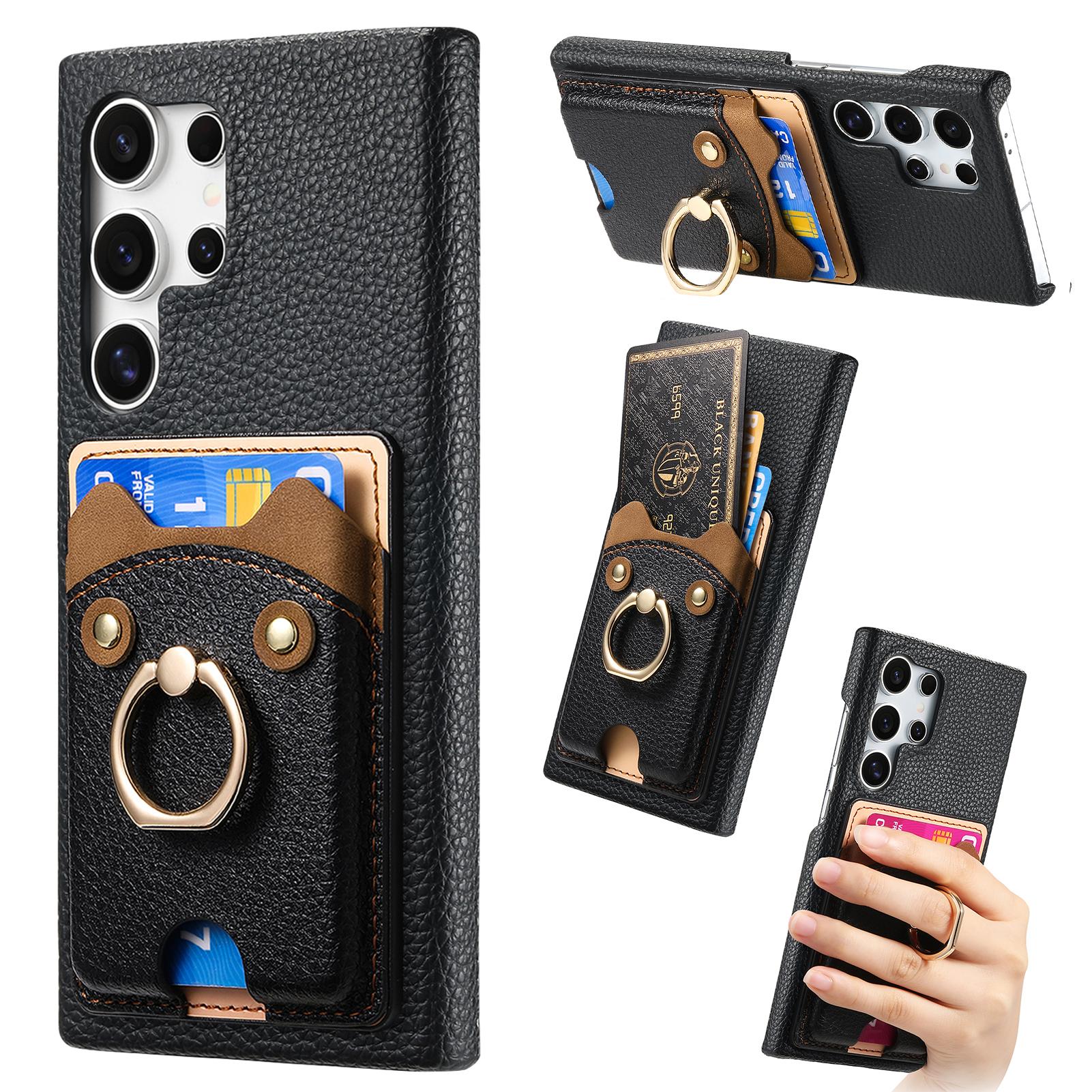 

For Samsung Galaxy S25 Ultra PU Leather Phone Back Cover with Cute Bear Design Card Holder Black