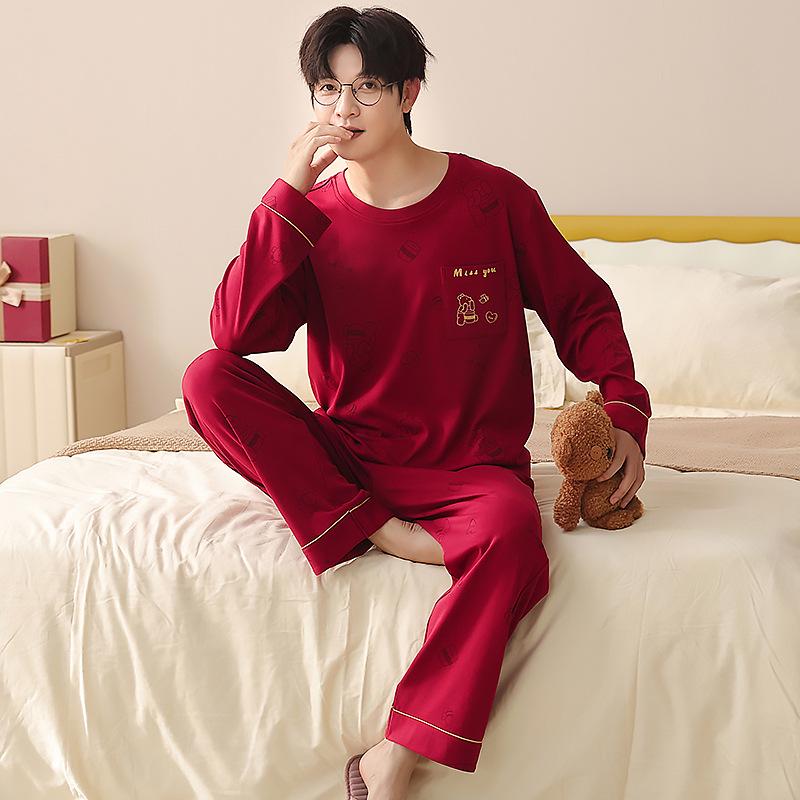 Newlywed Couple Red Cotton Pajama Set: Long Sleeve, Festive, Plus Size, Men's and Women's Home Wear for Spring and Autumn