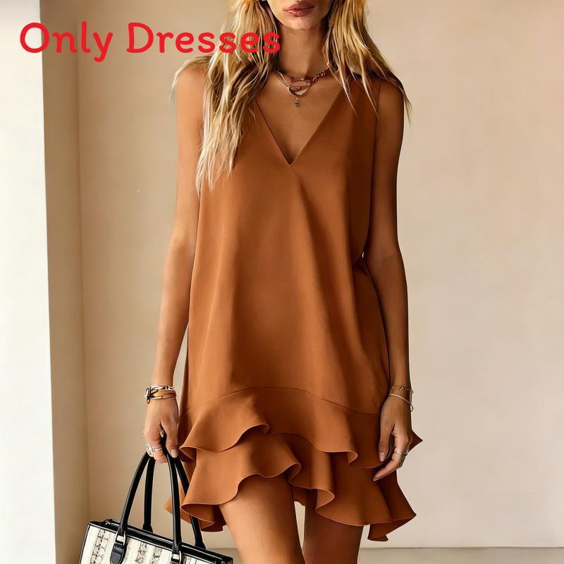 Casual Sleeveless V Neck Dress With Ruffle Hem For Summer Comfort