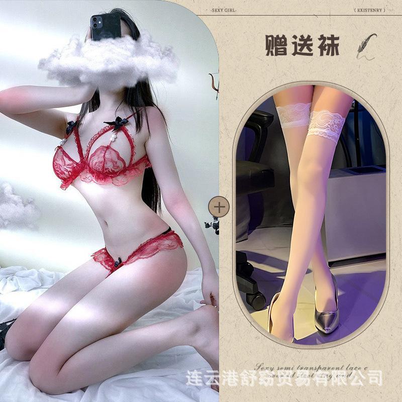 Sex underwear pearl underwear bra temptation transparent polyester women's three-point open crotch milk hair