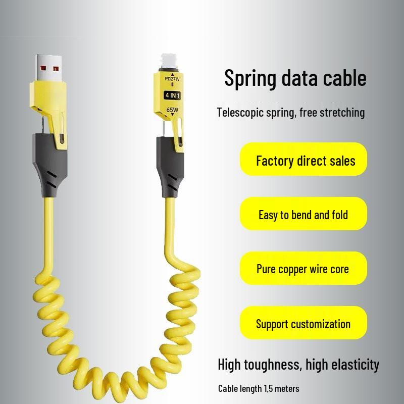 65W Retractable 4-in-1 Data Cable for iPhone 16/15/14 & Huawei