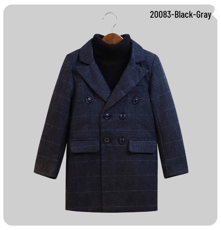 Boys' Wool Blend Plaid Overcoat with Suit Collar - Quilted, Warm, Mid-Length Trench for Autumn/Winter